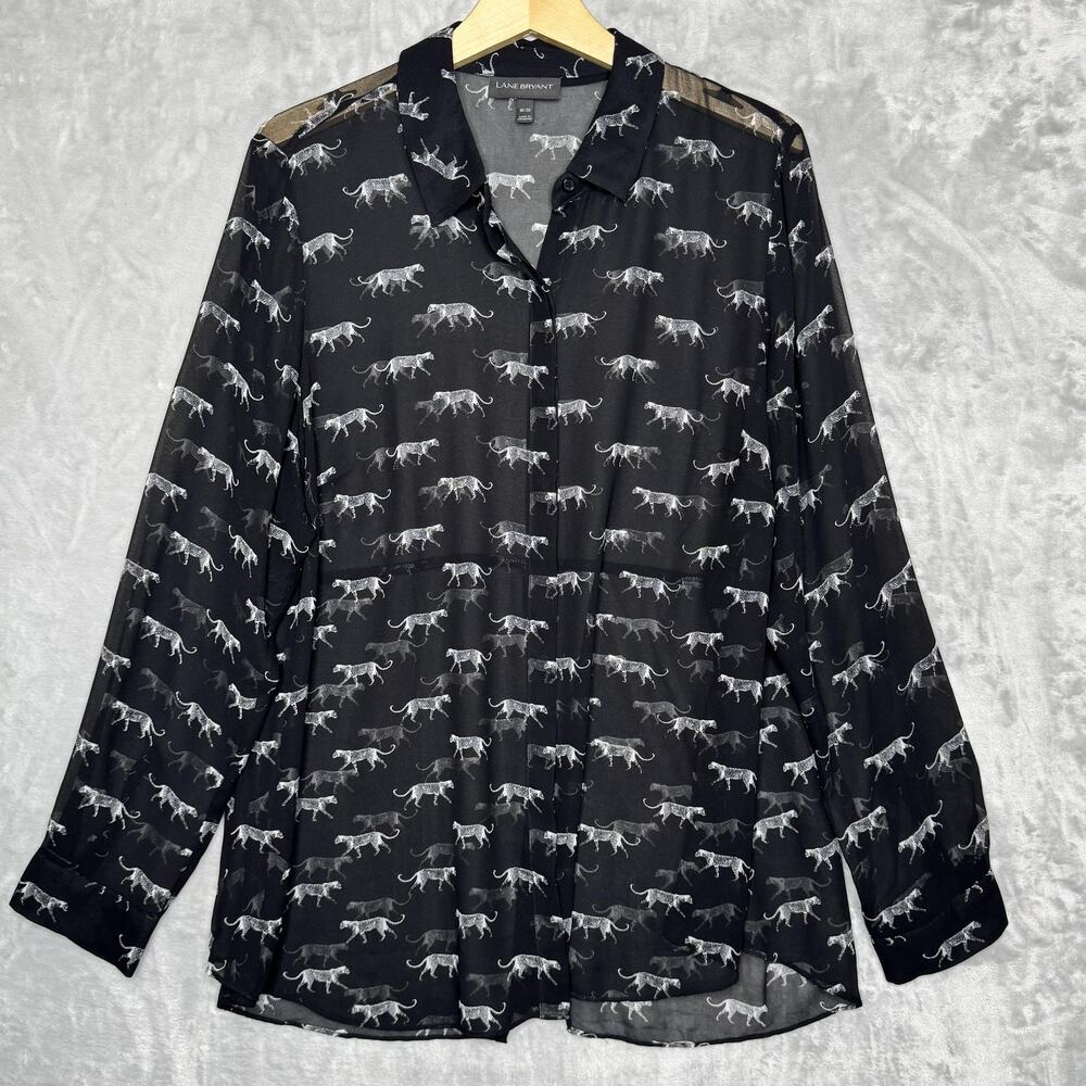 Lane Bryant Blouse Womens 18/20 Black Leopard Print Button Up Sheer Long Sleeve